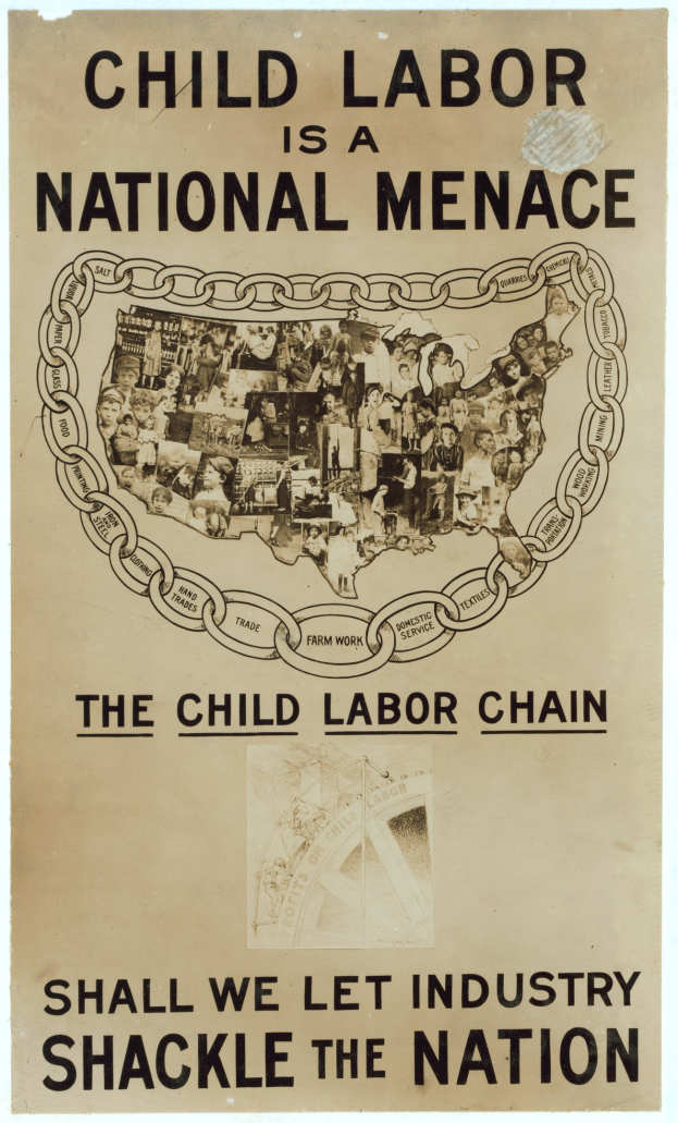 Plakat mit der Aufschrift 'Kinderabeit ist eine nationale Bedrohung - Sollen wir die Industrie das Land fesseln lassen' in fetter schwarzer Schrift auf weißem Hintergrund, das eine vielseitige Gruppe von Menschen zeigt, die gemeinsam in Solidarität stehen.