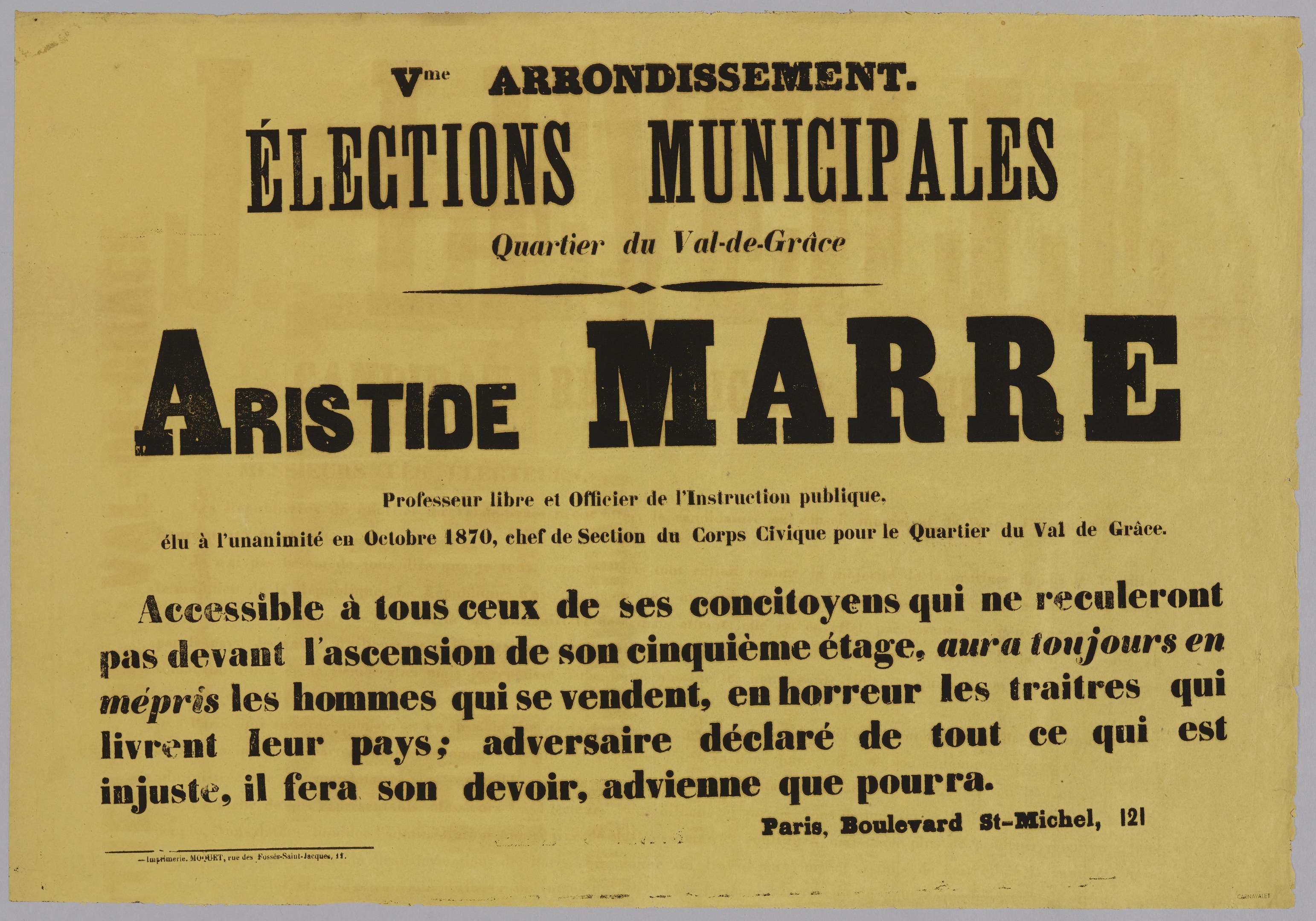 Plakat mit dem Text 'Elections Municipales Aristide Marre' auf einem weißen Hintergrund.