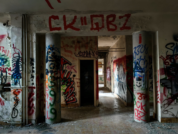 Verlassenes Gebäude mit graffitibedeckten Wänden, sichtbarer Boden, freiliegenden Rohren und einer Tür im Hintergrund, das urbane Verfall darstellt.