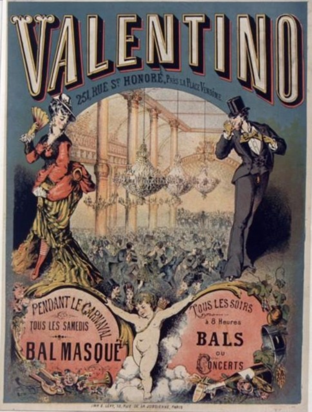 Ein Plakat, das eine Valentinstagsparty in Paris ankündigt, zeigt einen Mann mit Zylinder und eine Frau in einem langen Kleid nebeneinanderstehend, mit Veranstaltungdetails darauf geschrieben.