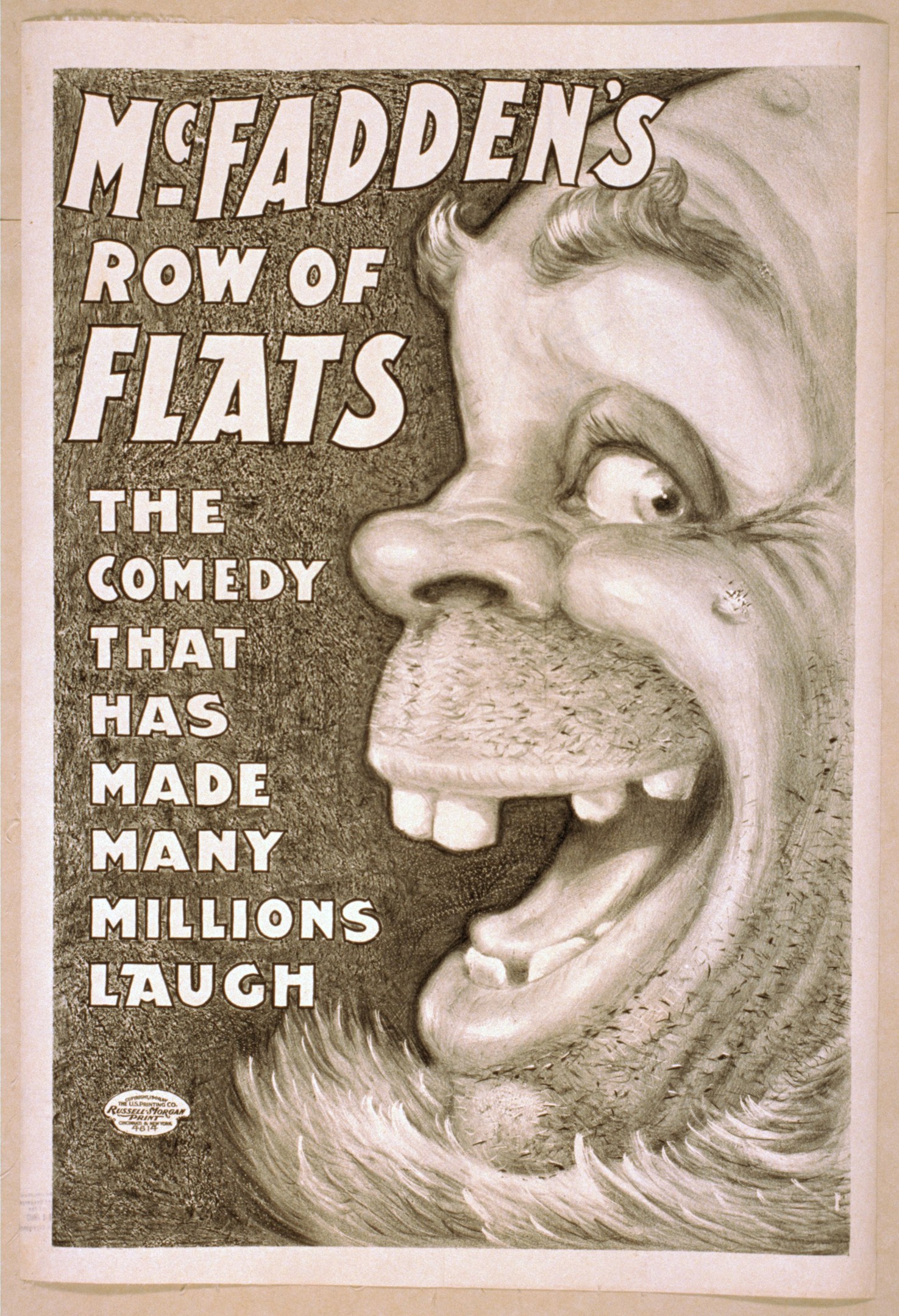 Plakat mit einem lachenden Menschen mit wilden Haaren vor einem gelben Hintergrund, das 'McFadden's Row of Flats: The Comedy That Has Made Many Millions Laugh' bewirbt