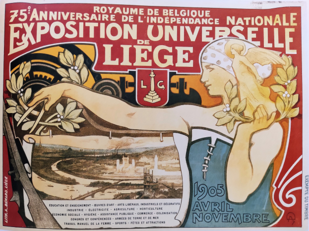 Plakat zum 75-jährigen Jubiläum der Nationalen Ausstellung Universitaire de Liège, das eine Frau mit Blumenstraßus zeigt und den Text beschreibt.