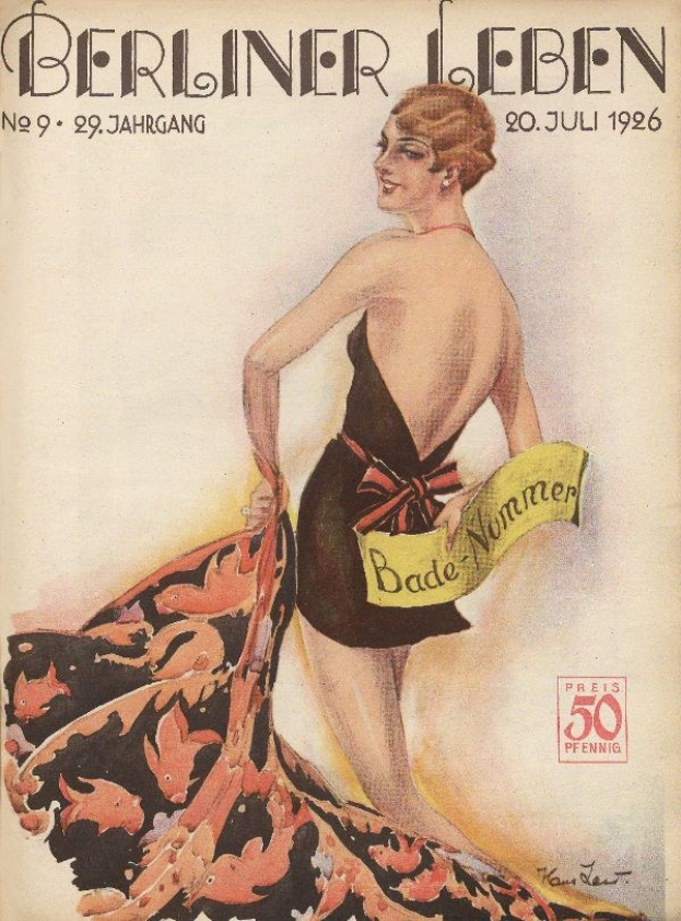 Titelbild der Berliner Leben Zeitschrift von Juni 1926 mit einer Frau in einem Badeanzug, die ein Tuch hält, mit dem Zeitschriftennamen darüber.