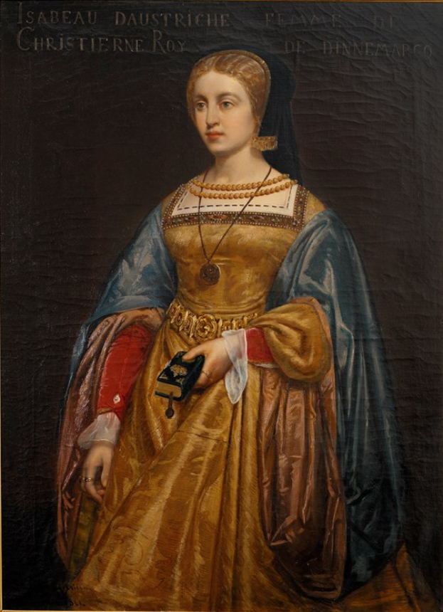 Gemälde von Isabella d'Austriche in einem goldenen Kleid mit detailreichen Verzierungen, ihre Haare zu einem Dutt gebunden, von Christierne Roy, dargestellt mit feinen Zügen und einem seren, königlichen Ausdruck.