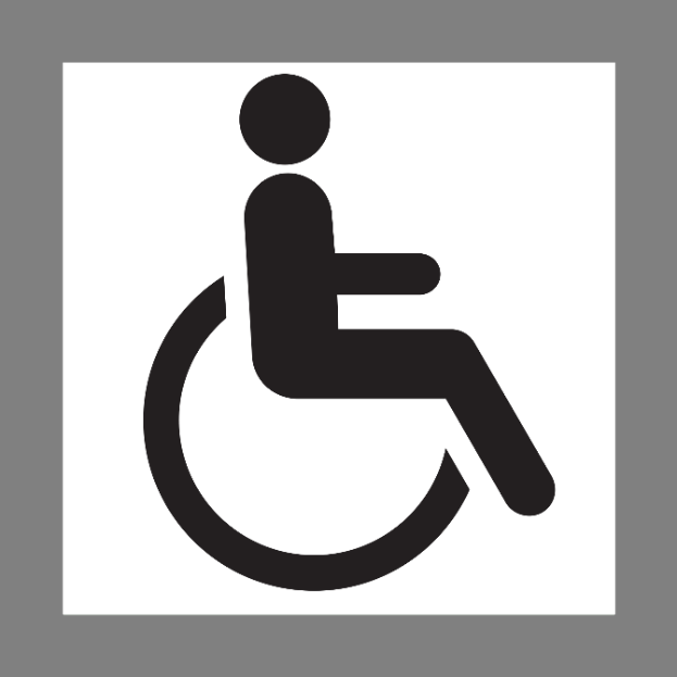 Ein schwarzes und weißes Schild mit einer Person im Rollstuhl vor einem grauen Hintergrund, das die Zugänglichkeit für Menschen mit Behinderungen symbolisiert.