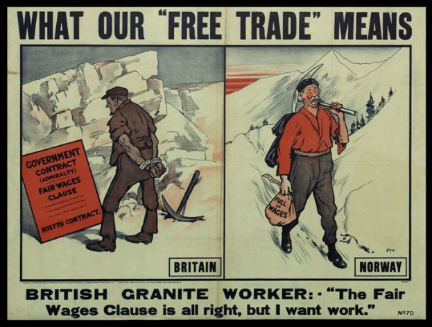 Plakat mit einem britischen Granitarbeiter vor einer Bergkulisse, mit Text, der die Unterstützung fairer Löhne, aber die Notwendigkeit von Arbeit betont.