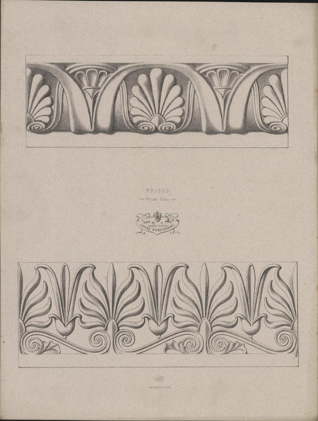 Ein Buch mit einer detaillierten Architekturzeichnung im Art-Nouveau-Stil mit begleitendem Text.