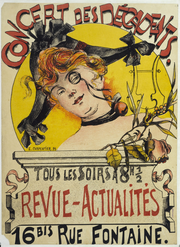 Plakat, das ein Konzert der Decadents mit einer Frauengesichtsillustration und Textinformationen ankündigt.