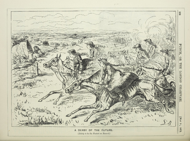 Eine Gruppe von Menschen, die auf Pferden reitet, vorne und ein bewölkter Himmel im Hintergrund, sowie Text unten auf dem Bild.