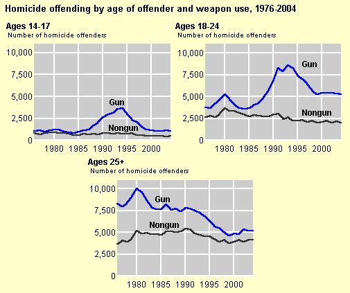 Graphik, die die Homicid-Offending-Rates nach Alter des Täters und Waffengebrauch von 1976 bis 2004 zeigt, mit begleitendem erklärendem Text.