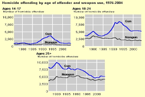 Graphik, die die Homicid-Offending-Rates nach Alter des Täters und Waffengebrauch von 1976 bis 2004 zeigt, mit begleitendem erklärendem Text.