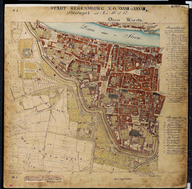 Detailierte alte Stadtplan von Stadt Regensburg, Deutschland, gerahmt und mit Straßen, Gebäuden und anderen Merkmalen.