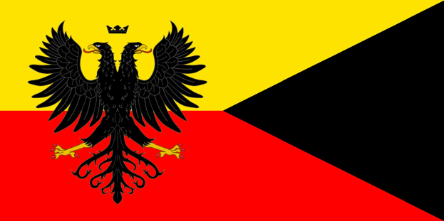 Deutsche Flagge mit drei horizontalen Streifen in Schwarz, Rot und Gold, die ein schwarzes Doppeladler-Wappen mit ausgebreiteten Flügeln und erhobenem Kopf zeigt.