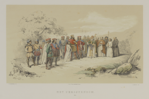 Eine Gruppe von Männern, die zusammen in einem Feld stehen, umgeben von Bäumen und Felsen, mit dem Text "Het Christendom" unten.