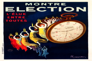 Ein altes französisches Wahlplakat in gedämpften Blautönen, Grautönen und Weiß, das eine Gruppe von Menschen in traditioneller Kleidung zeigt, die Gegenstände halten, eine tickende Uhr und den Text "Montre Election" in fetter schwarzer Schrift.