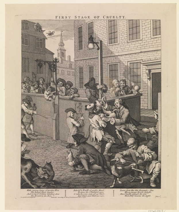 Eine Gruppe von Menschen und Tieren versammelt sich um ein Gebäude mit Fenstern und einem Laternenpfahl, mit der Aufschrift 'Erste Stufe der Grausamkeit' unten.