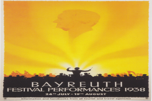 Plakat für die Bayreuth-Festival-Aufführungen 1938, das eine zentrale Figur umgeben von einer Gruppe zeigt, mit Text, der Festivaldetails angibt.