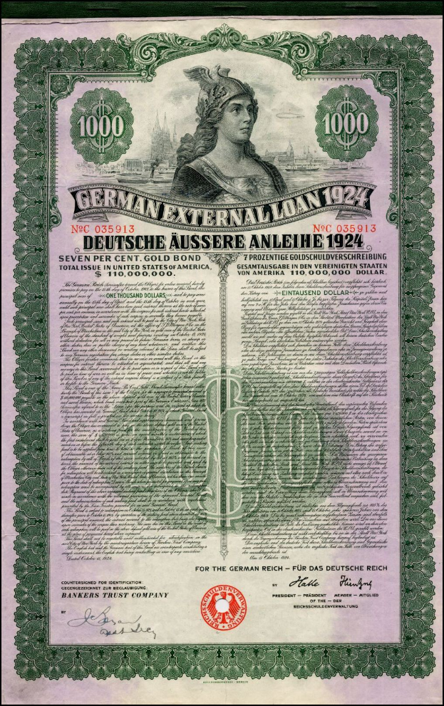 Deutsches Auslandsdarlehen-Zertifikat aus dem Jahr 1924 mit einem Porträt einer Frau, mit gedrucktem Text und numerischen Nennwertmarkierungen auf altem Papier.