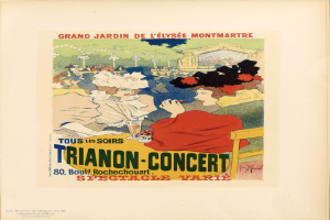 Plakat für ein Trianon-Konzert im Grand Jardin de L'Elysée Montmartre, das Menschen zeigt, die um einen Tisch mit einem Weinglas in der Mitte sitzen und Veranstaltungdetails in Textform