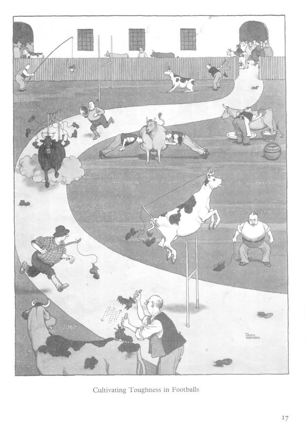 Schwarze und weiße Zeichnung von Menschen und Tieren auf einem Feld mit einer Wand und Fenstern im Hintergrund, mit der Beschriftung 'Zähigkeit im Fußball kultivieren' unten.