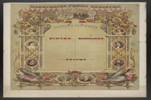 Illustrierter Familienbuch-Eintrag Heiratsurkunde mit schwarzem Hintergrund, mit Bildern von Menschen und Text 'Geburten, Hochzeiten, Tode'.