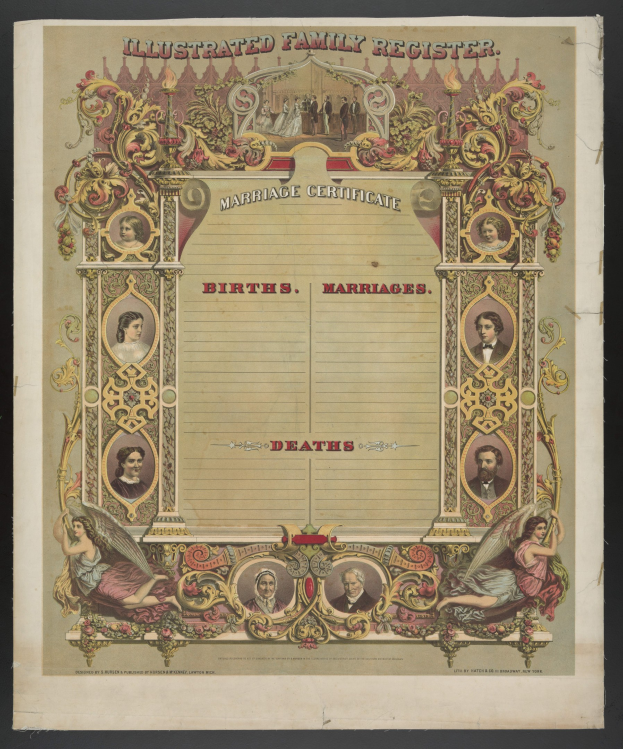 Illustrierter Familienbuch-Eintrag Heiratsurkunde mit schwarzem Hintergrund, mit Bildern von Menschen und Text 'Geburten, Hochzeiten, Tode'.