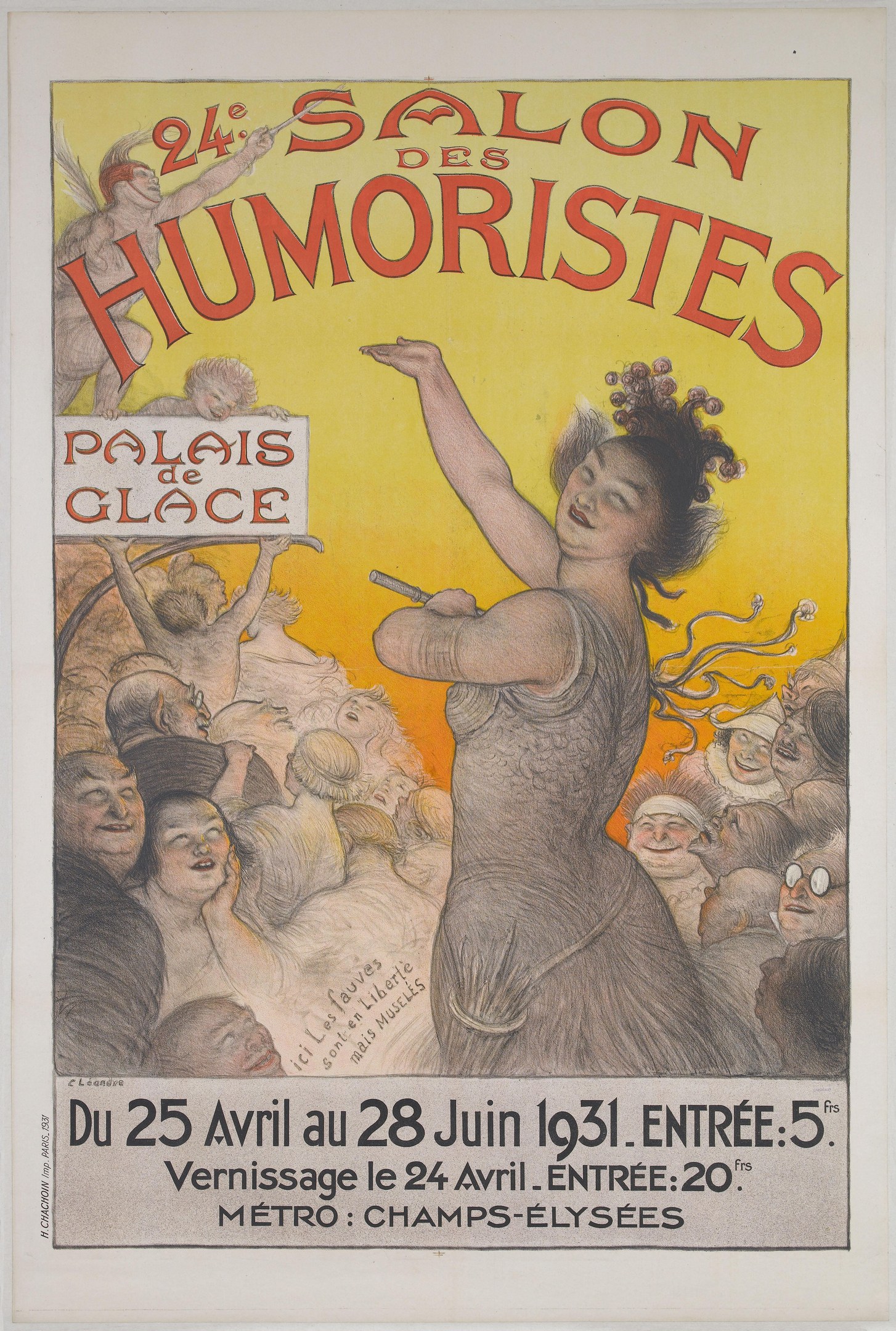 Plakat für den Salon des Humoristes in Paris mit einer Frau in der Menge und Event-Text.