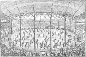 Ein altes Schwarz-Weiß-Bild eines Eishockeyspiels bei den Olympischen Spielen in London, England, mit Spielern auf dem Eis und Zuschauern in den Rängen.