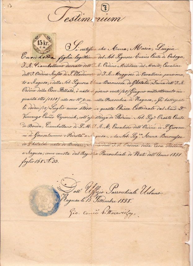 Alter Brief der italienischen Regierung mit einem Stempel, an den Präsidenten von Italien adressiert, auf altem Papier geschrieben.