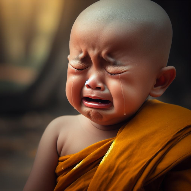 Ein Baby mit Tränen im Gesicht, geschlossene Augen und offener Mund vor einem unscharfen Hintergrund.