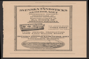 Schwarz-weiß-Anzeige für die Svenska Tändsticks Zigarettenmarke auf altem Papier mit Text gegen einen dunklen Hintergrund.