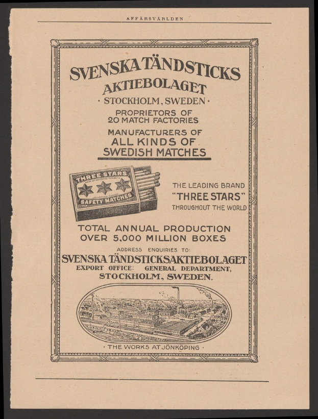 Schwarz-weiß-Anzeige für die Svenska Tändsticks Zigarettenmarke auf altem Papier mit Text gegen einen dunklen Hintergrund.