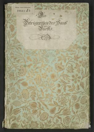 Altes Buch mit floralem Cover-Design und deutschem Titel "Die Betrugereierten der Bank fürs" auf schwarzem Hintergrund.