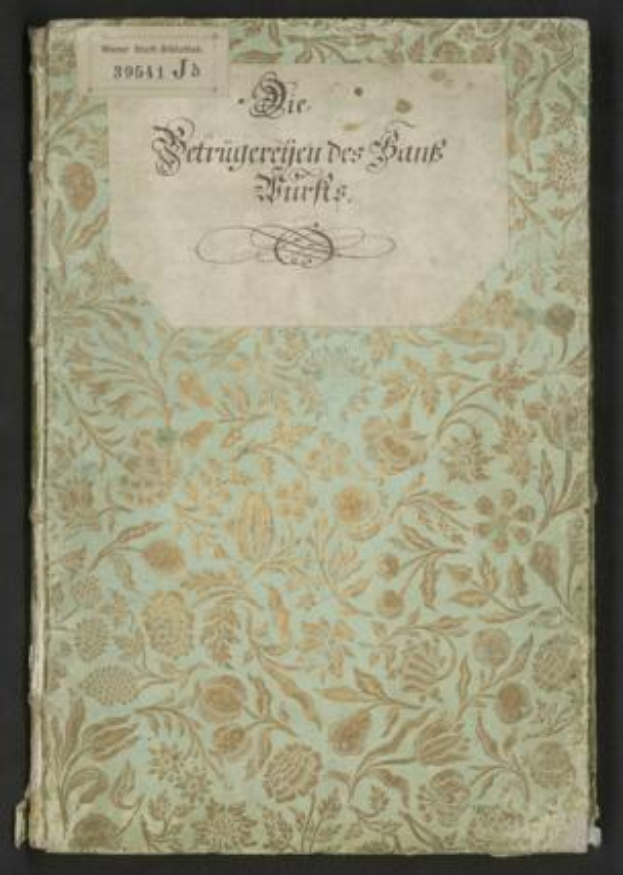 Altes Buch mit floralem Cover-Design und deutschem Titel "Die Betrugereierten der Bank fürs" auf schwarzem Hintergrund.