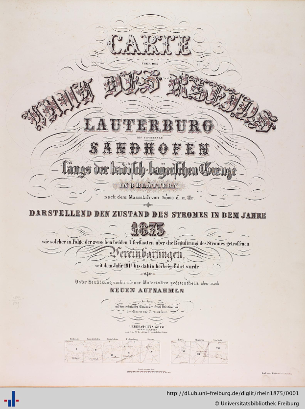 Schwarz-weißes Zeugnis aus dem Jahr 1875 der Universität Freiburg mit einem Porträt eines Mannes und Text einschließlich "Lauterburg Sandhofen" mit sichtbarem Wasserzeichen.