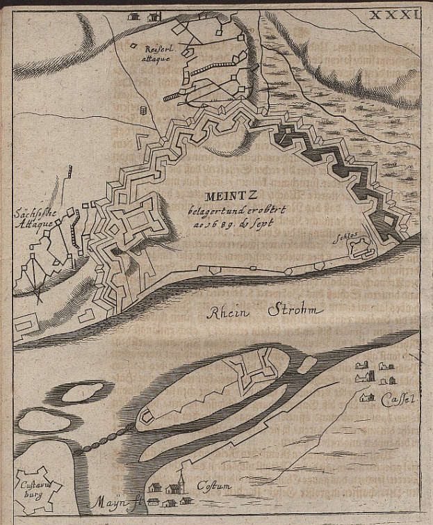 Alte detaillierte Karte von Meintz, Deutschland, zeigt Straßen, Gebäude und Sehenswürdigkeiten mit begleitendem Text über die Bevölkerung, Lage und Geschichte der Stadt.