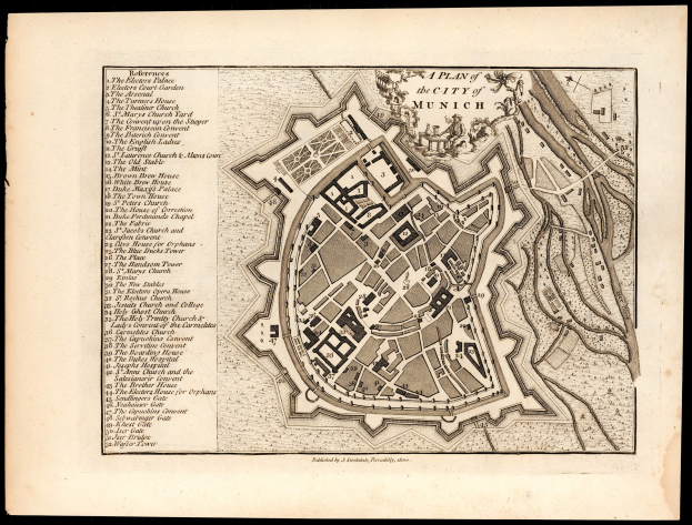 Alte detaillierte Karte von München, Deutschland, mit Straßennamen und Sehenswürdigkeiten auf einem schwarzen Hintergrund.