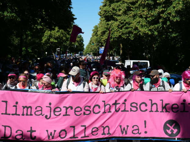 Eine Gruppe von Menschen marschiert auf einer Straße, hält ein pinkes Banner mit der Aufschrift "Women's March in Berlin" und trägt teilweise Mützen und Goggles sowie Fahnen; Bäume, Fahrzeuge und Himmel sind im Hintergrund zu sehen.
