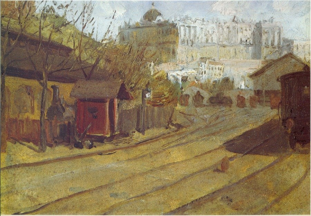 Malerei einer Stadtstraße mit einem Zug auf Schienen, Häusern, Bäumen und einem Himmel im Hintergrund.