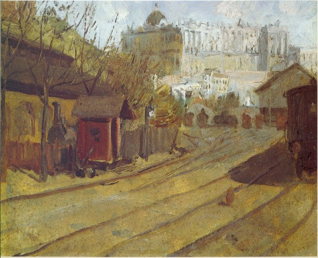 Malerei einer Stadtstraße mit einem Zug auf Schienen, Häusern, Bäumen und einem Himmel im Hintergrund.