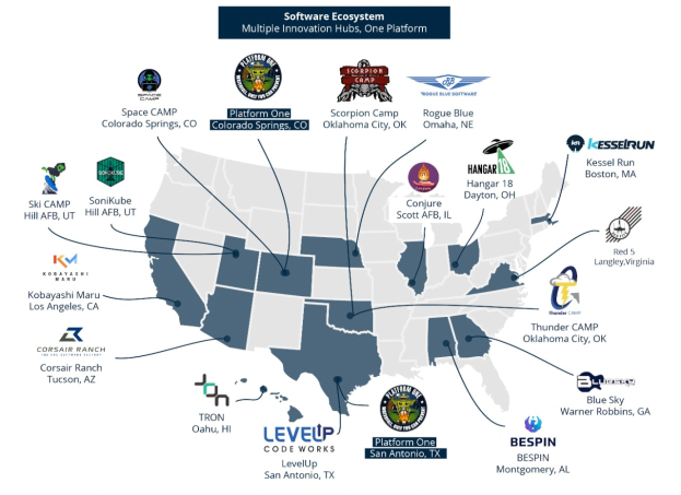 Eine Karte der Vereinigten Staaten, auf der Unternehmenslogos und Text die Standorte von Software-├Ąkosystem-Gesch├Ąften angeben.
