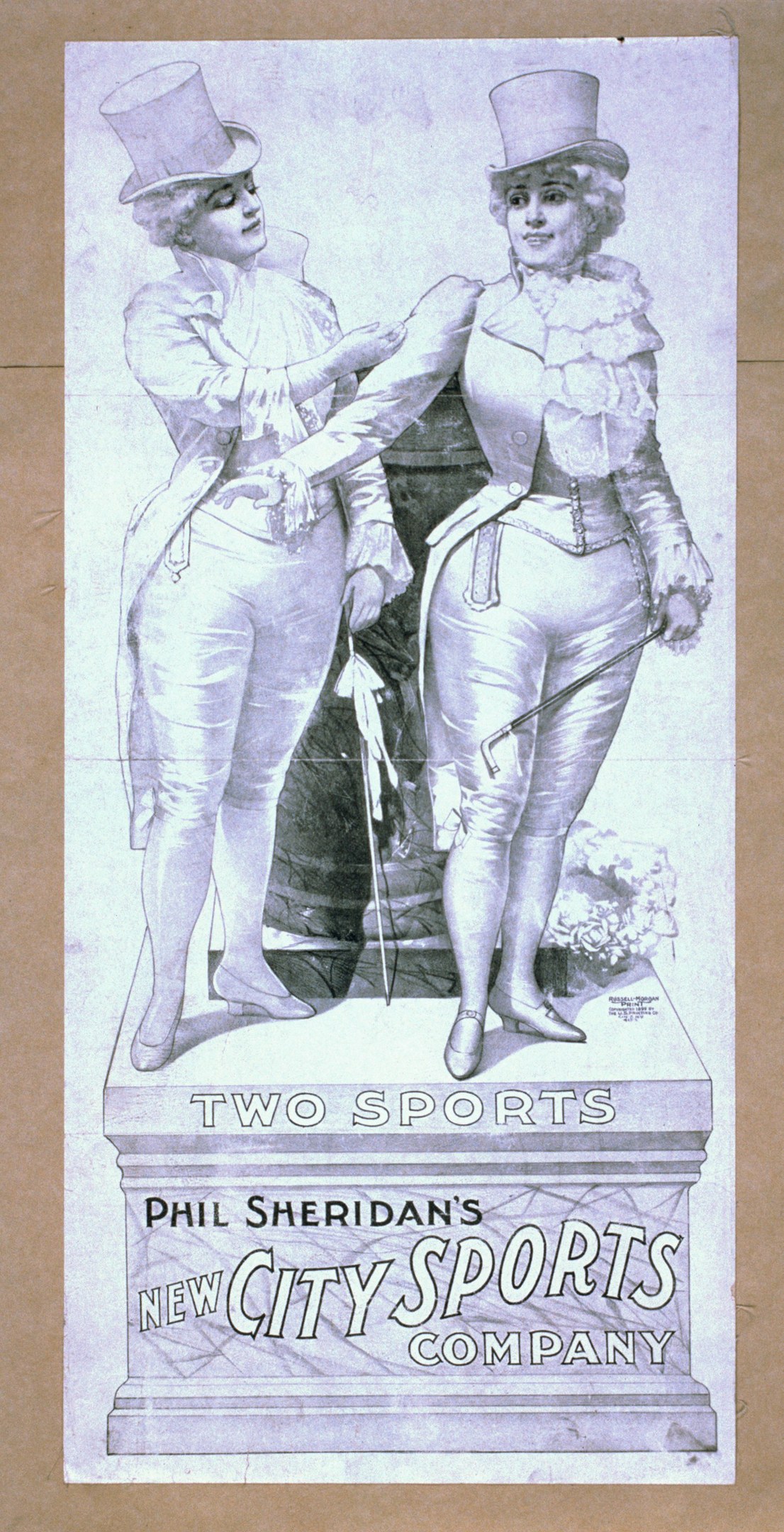 Plakat für die neue Sportstadt-Firma von Phil Sheridan mit zwei Personen nebeneinanderstehend und Text, der die Firma und Dienstleistungen beschreibt.