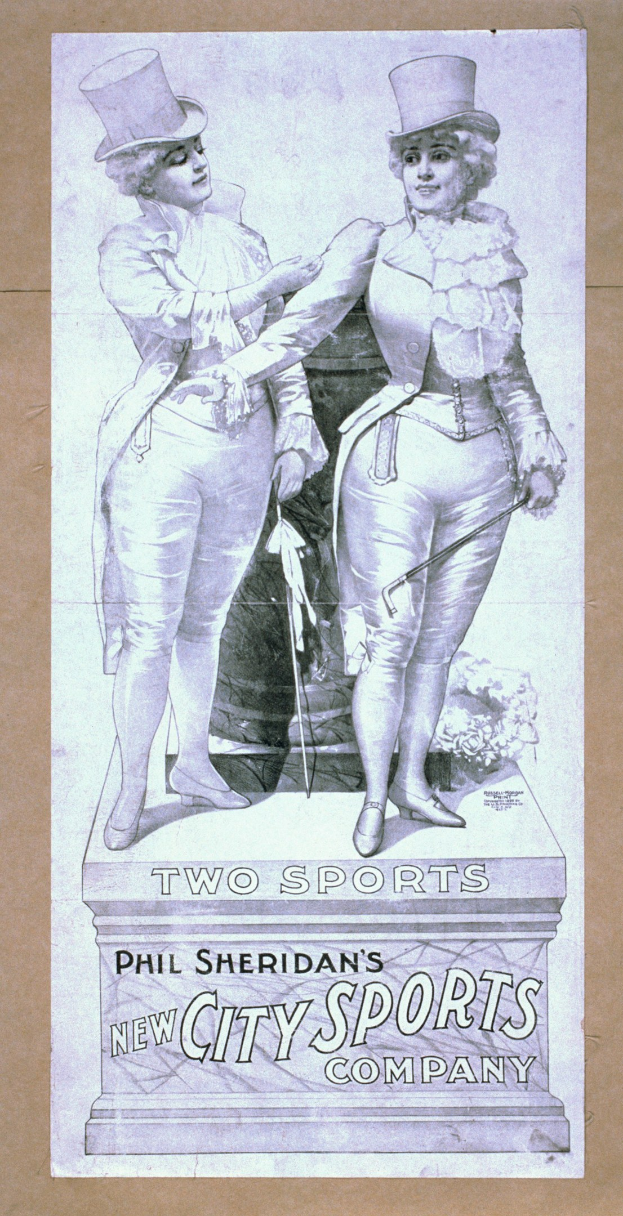 Plakat für die neue Sportstadt-Firma von Phil Sheridan mit zwei Personen nebeneinanderstehend und Text, der die Firma und Dienstleistungen beschreibt.