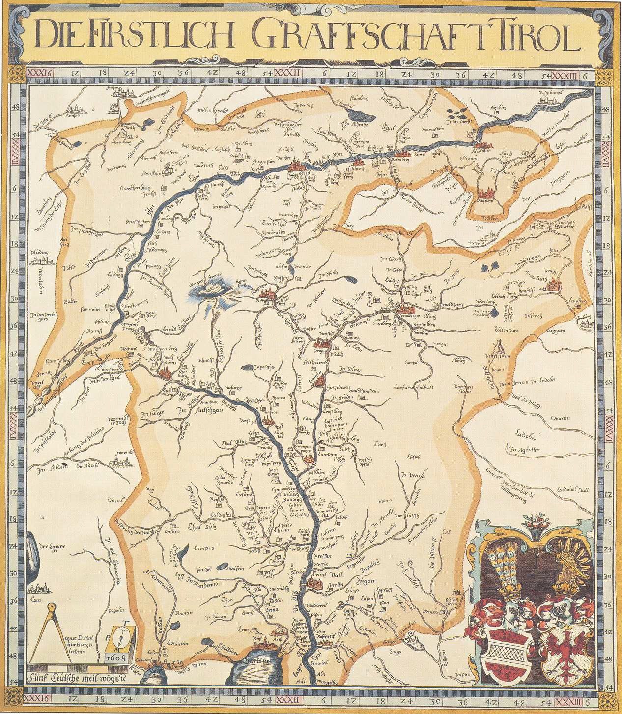 Eine detaillierte historische Karte der ersten Grafschaft Tirol, die geographische Merkmale wie Flüsse, Berge und Städte zeigt, begleitet von erklärendem Text.