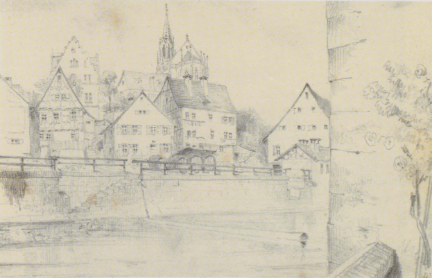 Bleistiftzeichnung betitelt "Nürnberg, Deutschland" von Joseph Mallord William Turner, zeigt eine Stadtlandschaft mit einem Fluss, Gebäuden, Bäumen und einer Brücke.