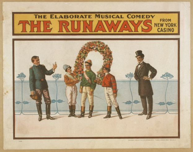 Plakat für "Elaborate Musical Comedy Runaways" aus dem New Yorker Casino, das eine Reihe von Menschen mit einer zentralen Figur zeigt, die Blumen hält und Werbetext.
