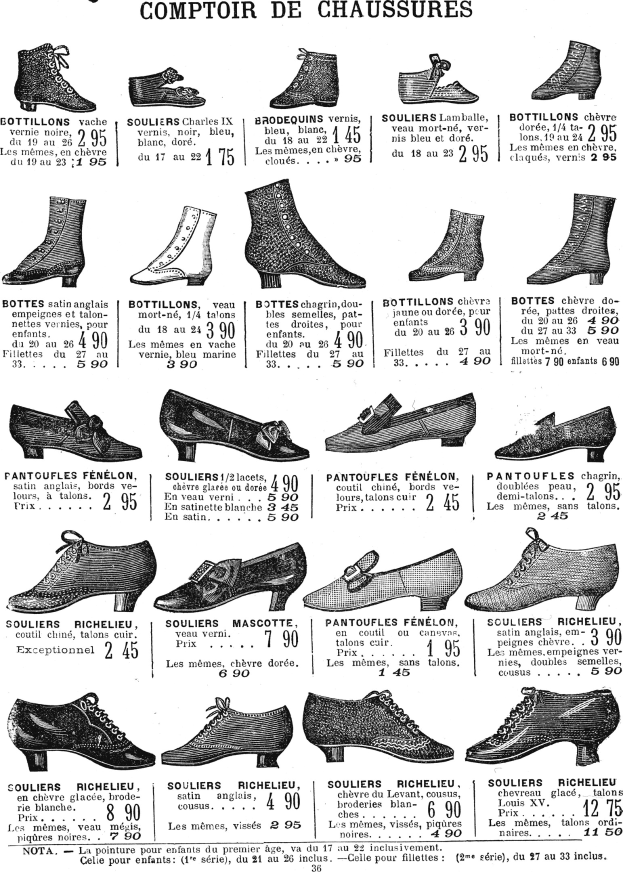 Eine Buchseite mit verschiedenen Damenschuhen in einzigartigen Designs, Preisschildern und Informationen zur Größe, Form und Farbe in einer ordentlichen Anordnung.