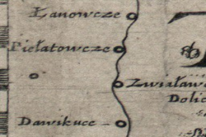 Alte, detaillierte Karte der Donau-Stadt mit Straßen, Gebäuden und Sehenswürdigkeiten, umrandet in Schwarz, mit Text in Kursivschrift.