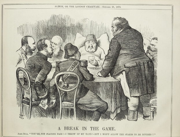 Gruppe von Menschen, die um einen Tisch sitzen, mit einer Person in der Mitte, verschiedenen Gegenständen auf dem Tisch und Text unten, der 'eine Pause im Spiel' liest.