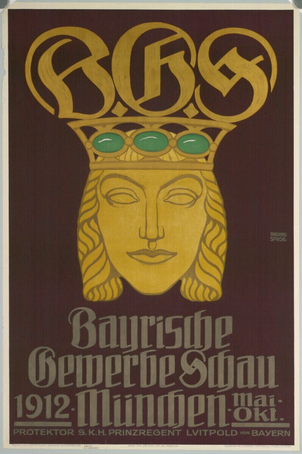 Plakat für das Bayerische Beer Festival in München, Deutschland, mit einer gekrönten Gesichtsfläche umgeben von Text.